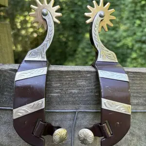 Pair Men’s Brown Steel Western Spurs Engraved Silver Accents