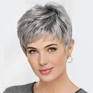 new product: women's European and American fashion short straight hair wig, black and white mixed color synthetic short hair wig for women, cross-border