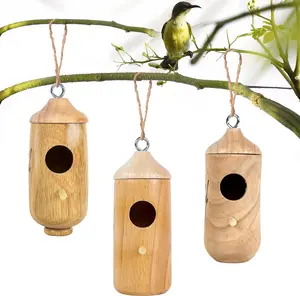 Hummingbird House for Outside Hanging,Wooden Humming Bird Nest 3 Pcs with Hemp Ropes