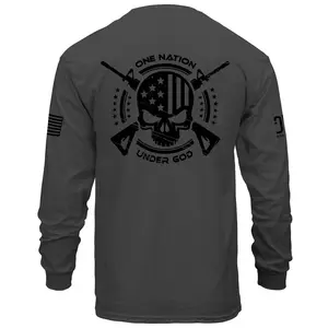 One Nation Under God Long Sleeve T-shirt with Skull and Flag Design Casual Menswear Crewneck Top Streetwear