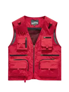 Men's Solid Zip Up Hooded Vest Jacket, Breathable Mesh Multi-pocket Vest Coat, Outdoor Fishing Vest, Men's Sportswear Clothing for Outdoor Activities, Menswear