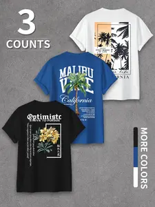 California Malibu & Floral Themed 3-Pack Printed T-Shirts, 2026 Summer Vacation Style Oversized Tees, Multi-Color Options, Ideal for Beach Vacation, Daily Wear, Edgy Outings, A Standout Set to Show California Vibe.Three-piece set