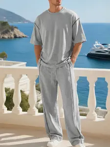 Men's Contrast Stitch 2-Piece Outfit, Casual Crew Neck T-Shirt and Wide Leg Pants Set, Versatile Summer Loungewear Tracksuit, Multiple Colors