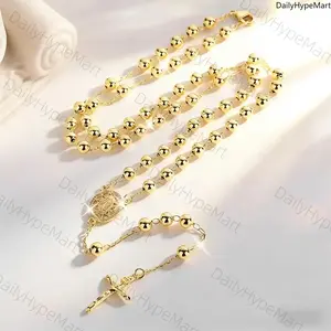 Hollow Virgin Guadalupe Prayer Bead Necklace Gold-Plated Cross 6mm Round Beads Religious Jewelry Gift for Holidays