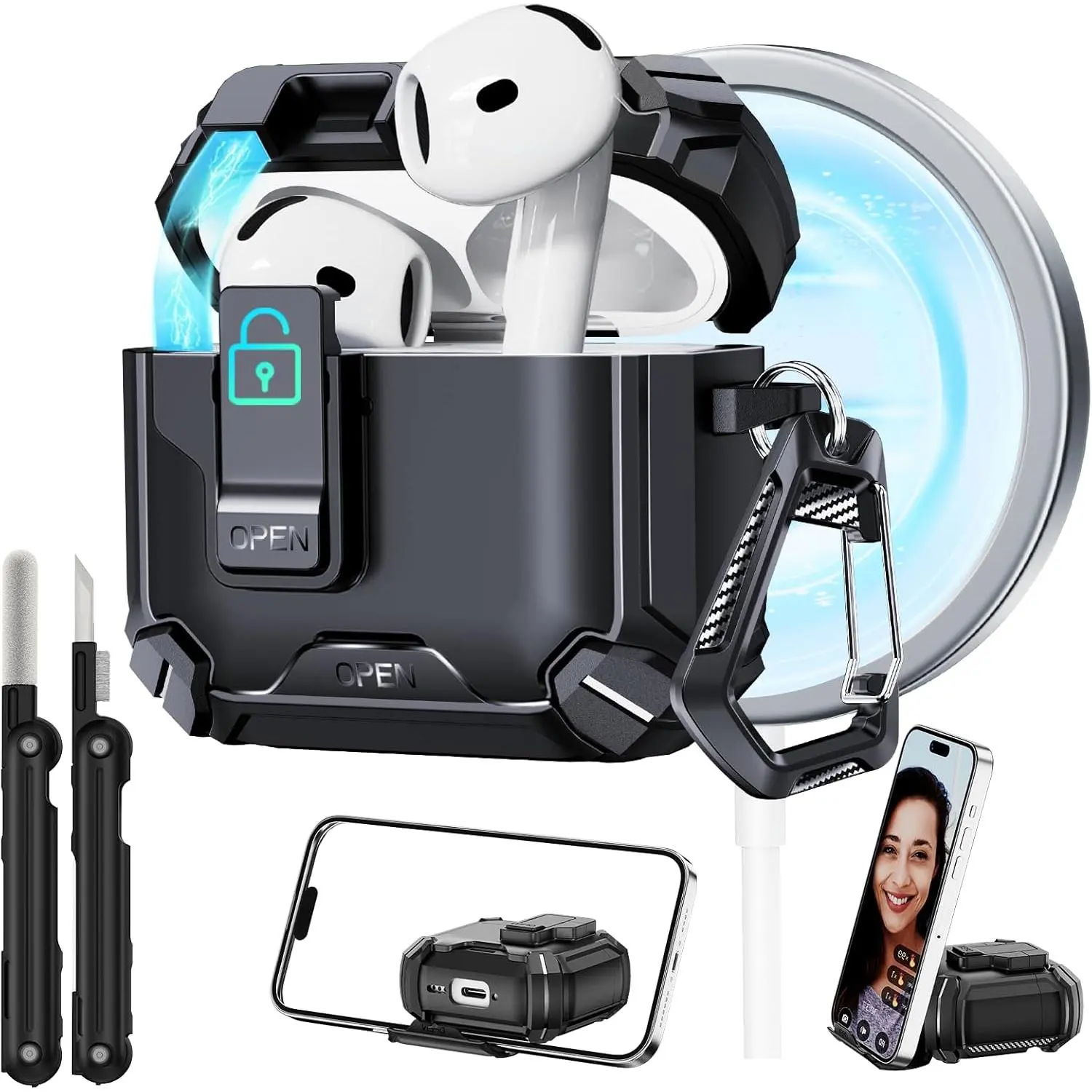 for AirPods 4 Case with Phone Stand, Secure Lock Case for Apple AirPods 4th Gen 2024 with Cleaning Kit, Compatible with MagSafe, Auto-Open, Military Grade Protective Cover