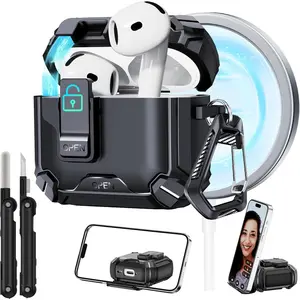for AirPods 4 Case with Phone Stand, Secure Lock Case for Apple AirPods 4th Gen 2024 with Cleaning Kit, Compatible with MagSafe, Auto-Open, Military Grade Protective Cover