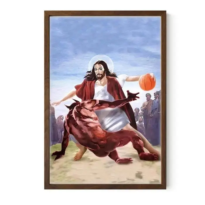 Funny Jesus Vs Monster Basketball Poster – Hilarious Christian Wall Art - Rustic Home Decor - Gift for Jesus Lovers