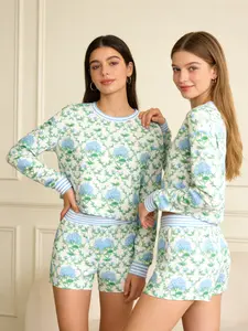 Womens Blue Hydrangea Floral Pajama Set Long Sleeve Two Piece Matching PJ Lounge Set with Shorts Cozy Sleepwear Mothers Day Gift Pajamas for Mom Pajama Party