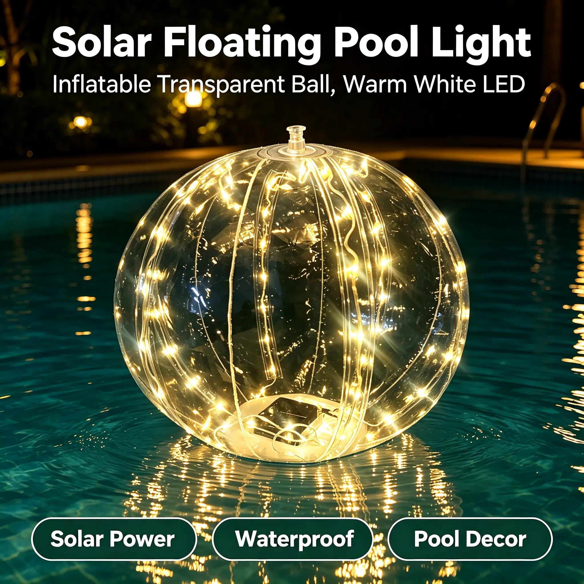Solar Floating Pool Light, Inflatable Transparent Ball with 52 Warm White LED, IP65 Waterproof Solar Powered Floating Ball Light for Swimming Pool, Pond, Garden Backyard Party Decor copper ionization