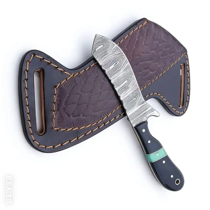 7.5" Fixed blade Handcrafted Damascus Alloy Steel Hunting Knife with Rasin Handle, Leather Sheath, Custom Pattern Blade for Outdoor Activities