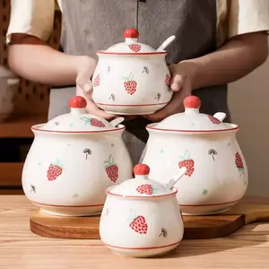 Ceramic Strawberry Pattern Seasoning Spice Jar Set, Large Capacity Kitchen Salt Container, Home Use Sugar Jar, Oil Storage Bottle, Classic Style