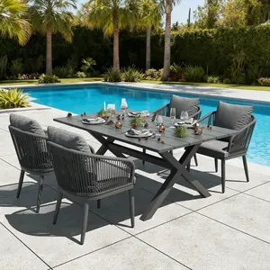 LayinSun Outdoor Patio Dining Set, 63 inchs Aluminium Rectangular Dining Table and Wicker Rattan Chairs Set for Outside Backyard, Poolside