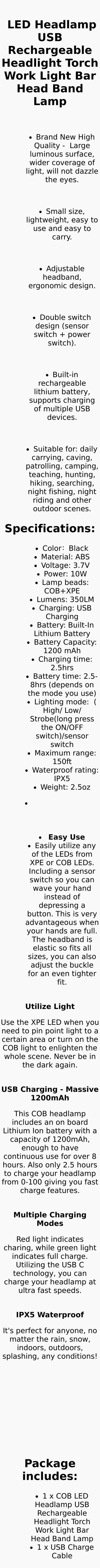 LED Headlamp USB Rechargeable Headlight Torch Work Light Bar Head Band Lamp