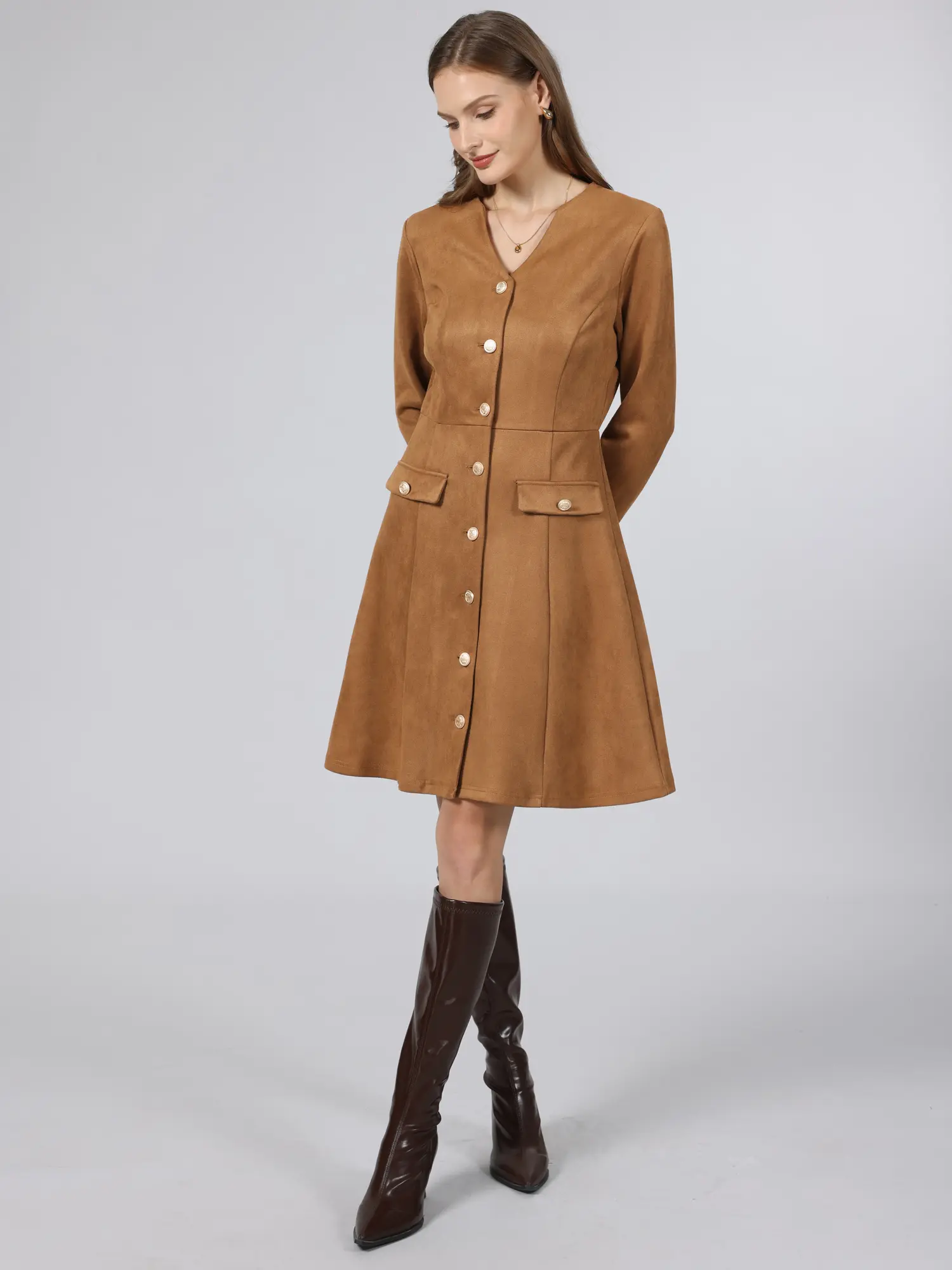 INSPIRE CHIC Women's Faux Suede Dress Button Down V Neck Long Sleeve Vintage Trendy A-Line Dresses