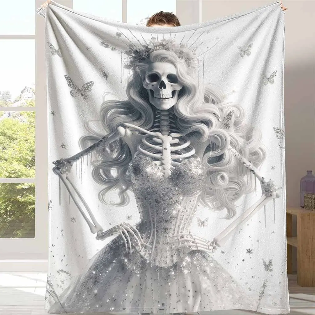 Gothic Skeleton Bride Flannel Throw Blanket - Dark Romance Design with Sparkling Butterfly Pattern, Wrinkle-Resistant, Durable, Elegant, Soft, Warm, Bedroom Bedding Blanket, Home Decor Accent, Wedding Gift, Bedroom Bedding Blankets, Flannel Throw Blankets