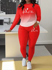 Gradual Color Print Autumn Winter Casual Sports Long Sleeve Pants Set, Fitted Elastic Waist Sweatshirt, Sports Clothing Set, Spring & Fall Fashion