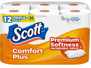 Scott ComfortPlus Toilet Paper, 12 Triple Rolls, 231 Sheets per Roll, Septic-Safe, 1-Ply Toilet Tissue
