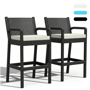 2pack Patio Wicker Bar Stools   30'' Outdoor Counter Height Barstools with Thickened Cushions, All-Weather Wicker Rattan Bar Chairs with Backrest & Footrest for Backyard, Pool, Balcony