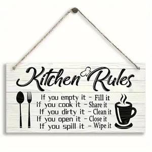 Kitchen Rules Themed Rustic Farmhouse Design Hanging Sign, 1 Count Wooden Hanging Sign, Hanging Decor for Home Kitchen Dining Room, Home Decor Supplies, Home Decor Ornaments, Hangable