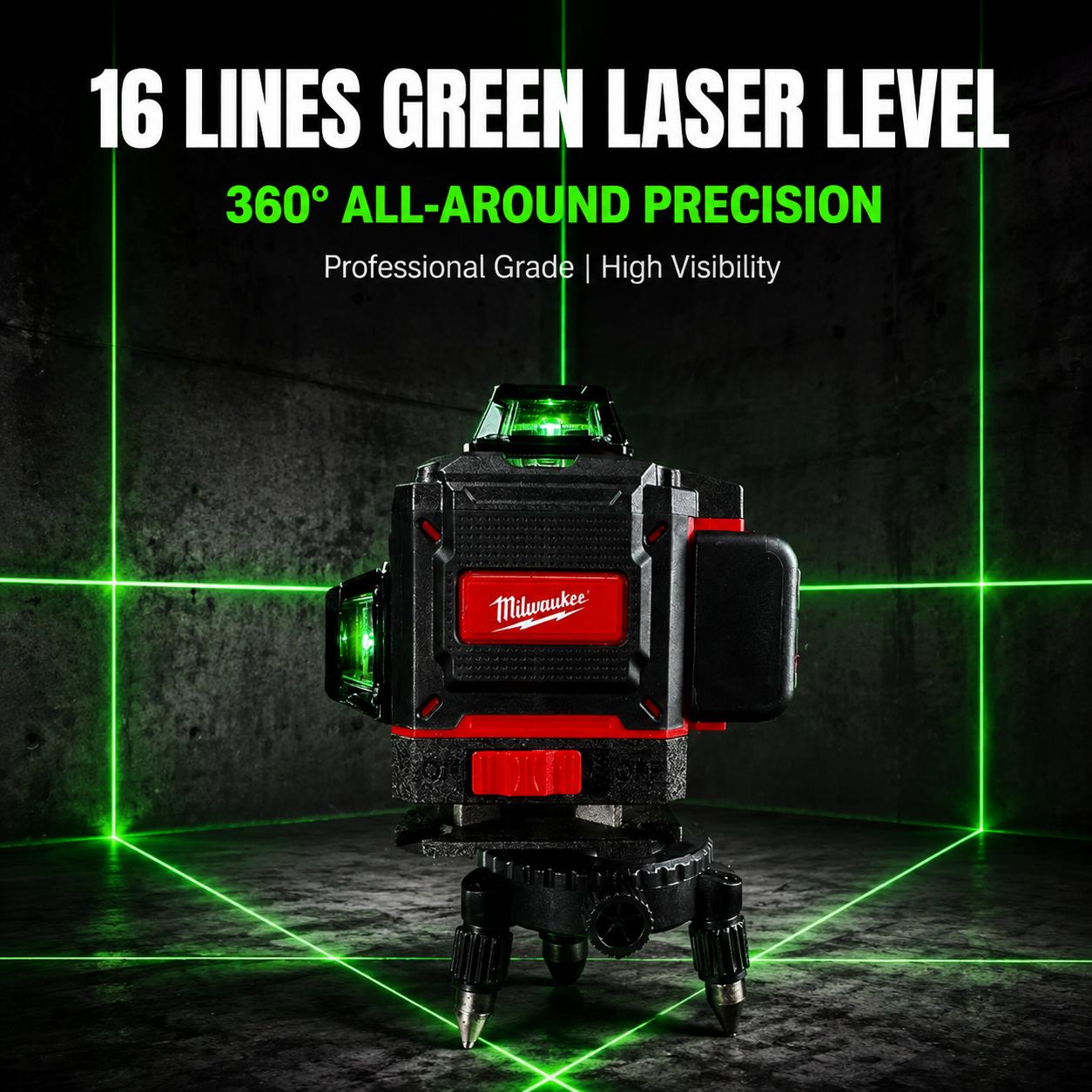 Milwaukee Professional Green Line Laser Level Unit, Rugged Multi-Directional Self-Leveling Tool with 360° Beam Projection, Magnetic Base, Tripod Mount for Industrial Repair, Construction Projects, Digital Laser Level