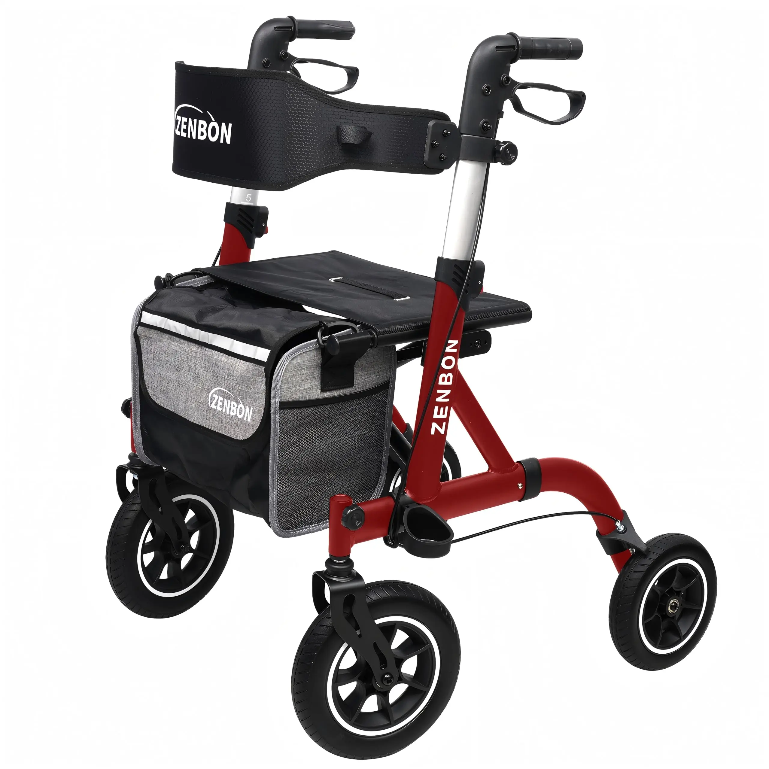 ZENBON 7210 Rollator Walker for Seniors/Adults Foldable Rolling Walker with Seat 330 lbs Capacity 10 inch Wheels Hand Grips Adjustable Height Lightweight Durable Aluminum Walker Removable Back Support