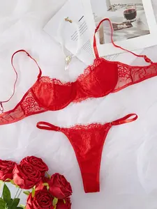 Two-Piece Set Women's Casual Floral Lace Bra & Thong Underwear Set, Adjustable Strap Push Up Bralette & Thong Set, Lingerie Set for Women, Clothes