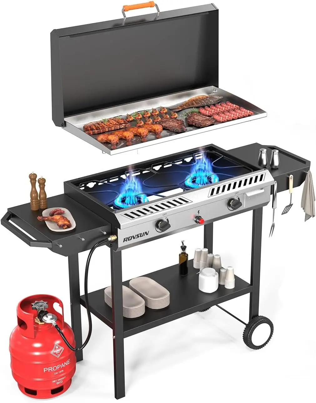 ROVSUN 2-3 Burner Outdoor Propane Gas Stand Cooker with Sturdy Cast Iron Square Griddle, Auto-Ignition, Regulator, Side Shelves, 150000-225000 BTU for Large Patio, Backyard BBQ, Oil Frying