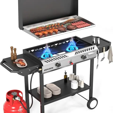 ROVSUN Freestanding Outdoor Propane Gas Cooker - 2-3 Burners, Sturdy Cast Iron Square Griddle, Auto-Ignition, Regulator, Side Shelves, 150000-225000 BTU, 67 lbs for Outdoor BBQ, Backyard Cooking, Barbecue Grill Setup