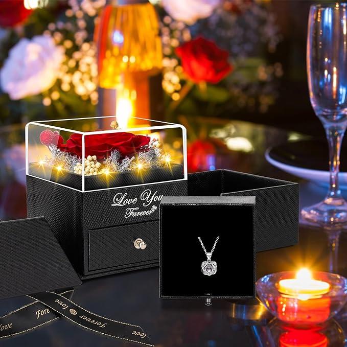 Preserved Real Rose with Projection Necklace  Gift Box Set, for Anniversary Birthday Valentine’s Day Mothers Day Jewelry Set for Women girlfriend