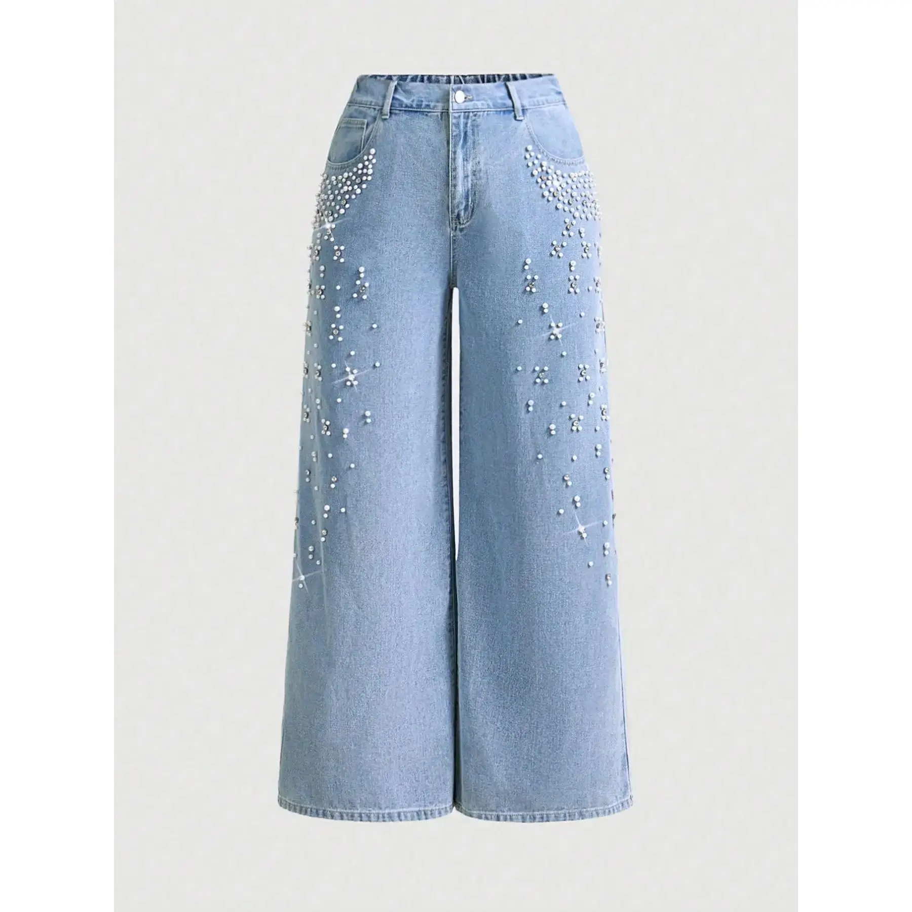 Elegant Gradient Rhinestone Wide Leg Pants, High Waist Denim Jeans, Luxury Style, Perfect for Casual & Formal Wear, Spring