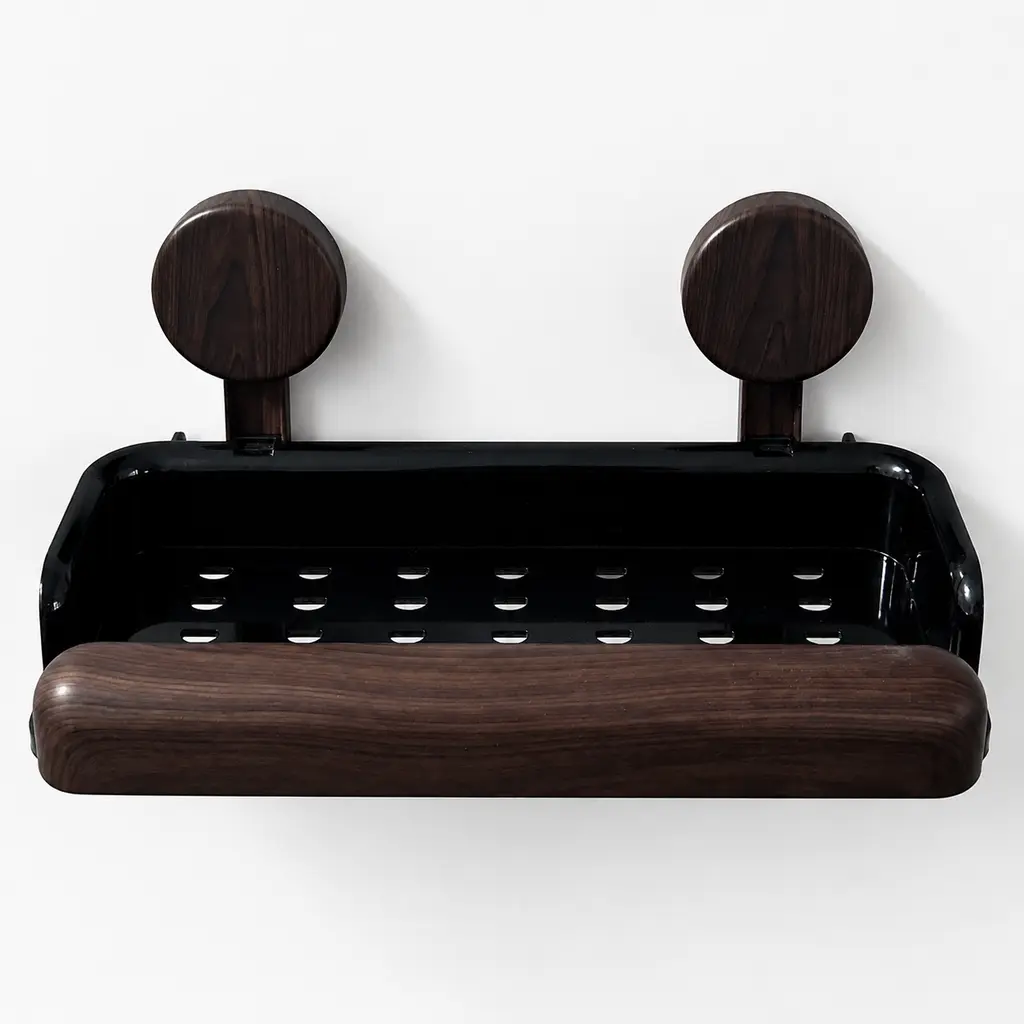 No-Drill Self-Adhesive Wall-Mounted Bathroom Storage Shelf with Dark Walnut Wood Grain Round Suction Pads, Anti-Slip Front Rail, Hollow Drain Holes - Shower Caddy Organizer for Bathroom Vanity, Kitchen Sink