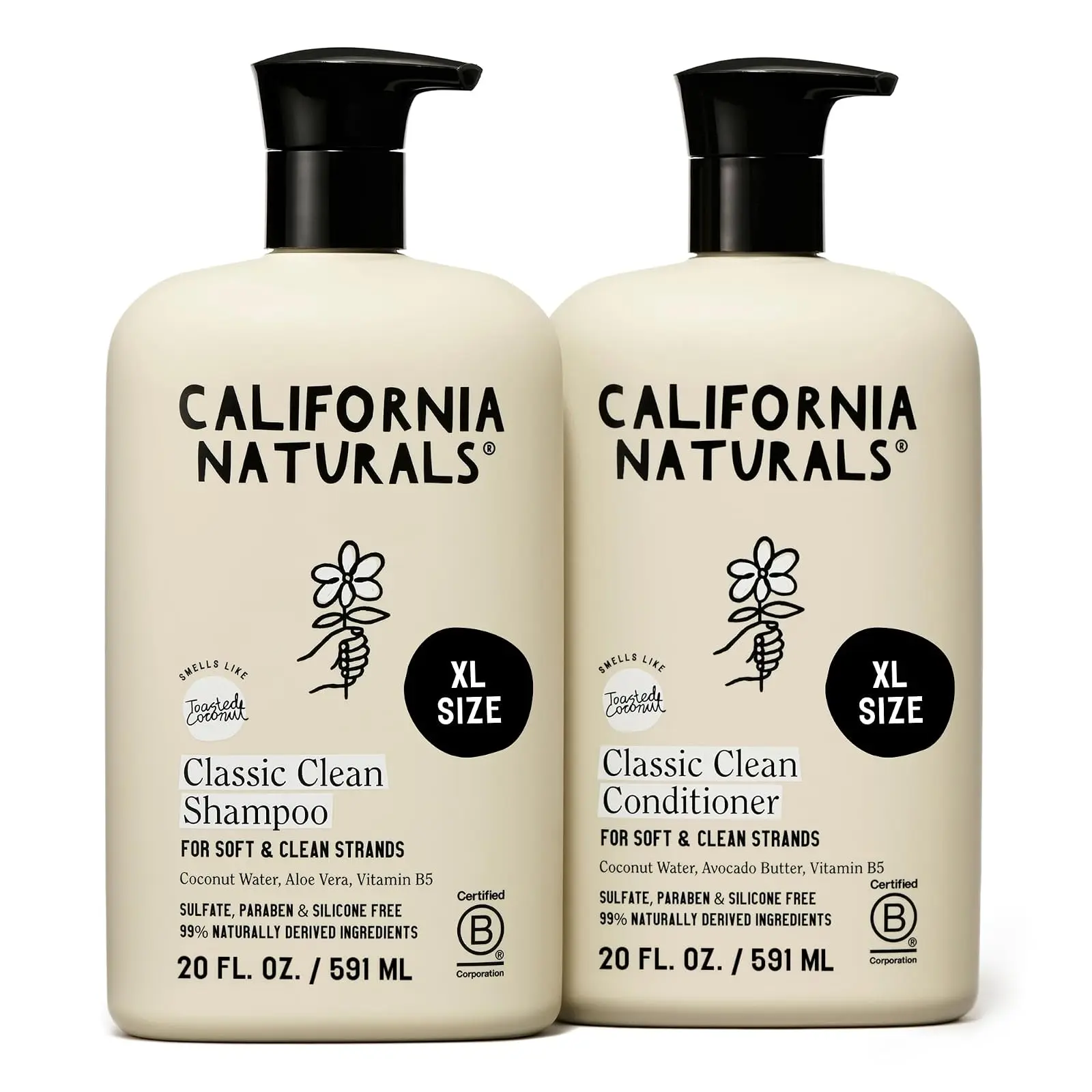 California Naturals Classic Clean Toasted Coconut Shampoo Conditioner Set, Natural, Vegan, Cruelty, Silicone, Paraben, and Sulfate Free, All Hair Types, 20 Fl Oz