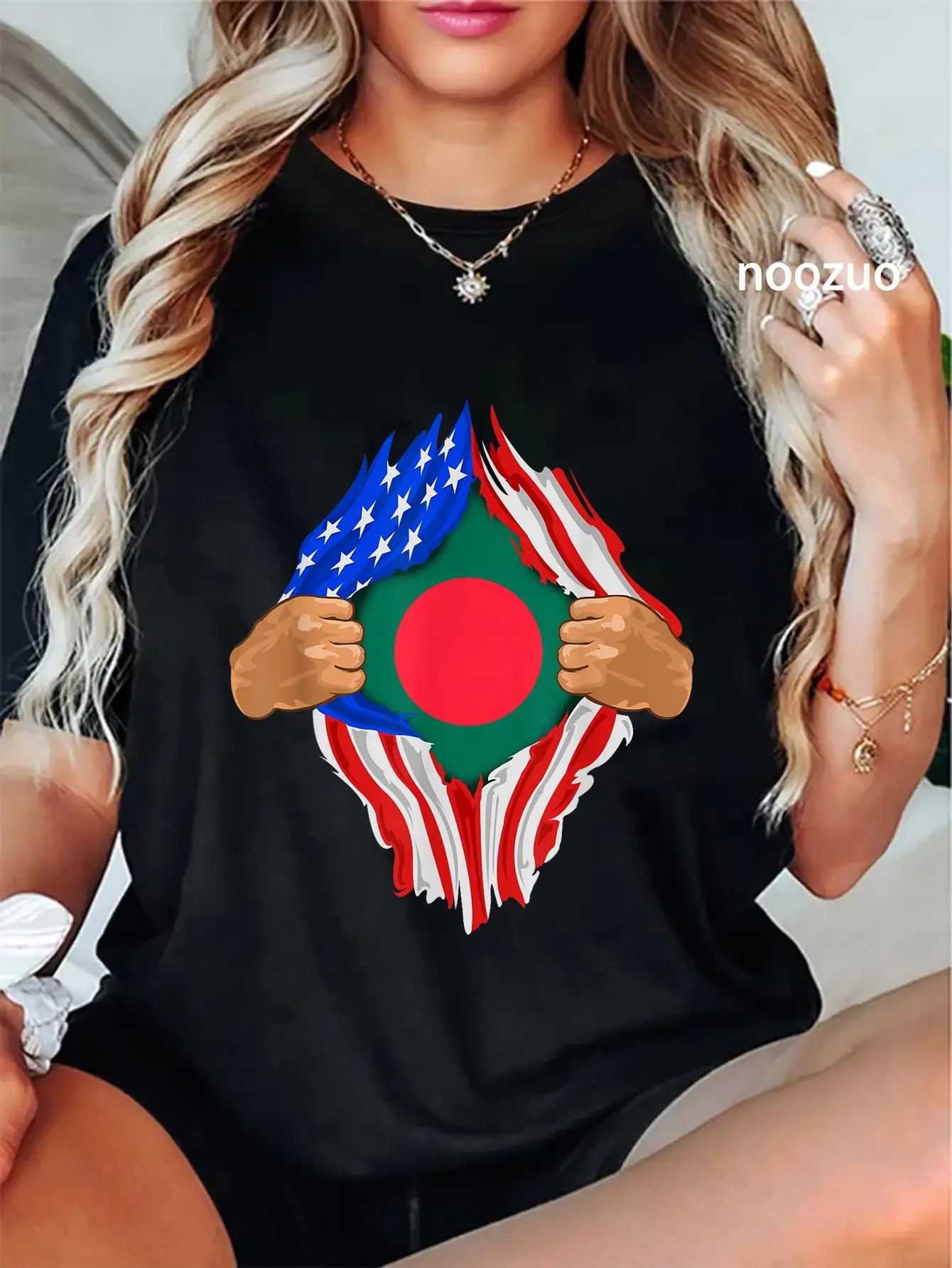 Women's 100% Cotton Large Short-Sleeve Graphic Vintage T-Shirt - Chic, Cute, Crew Neck, Distressed Edge, Bangladeshi "Blood Inside Me" Design, Bangladesh Flag Gift Item, All-Season Casual Wear