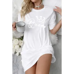 Queen Letter Print Nightdress for Women, White Short Sleeve Lounge Sleep Shirt, Soft Casual Sleepwear Homewear Dress