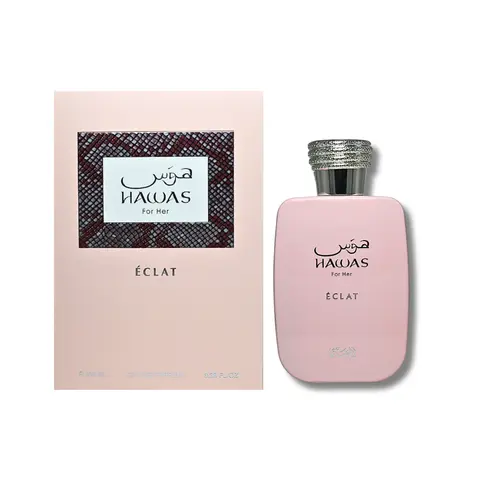 Rasasi Hawas Eclat Women's Floral Scents Perfume - Long Lasting Scent, Fruity-Floral Notes of Rose, Pistachio, Incense, Litchi, Musk, Pear, Vanilla, Woody Drydown, Amber Musk Finish, 3.38 fl oz, Adult Fragrance for Casual, Office to Dinner Use