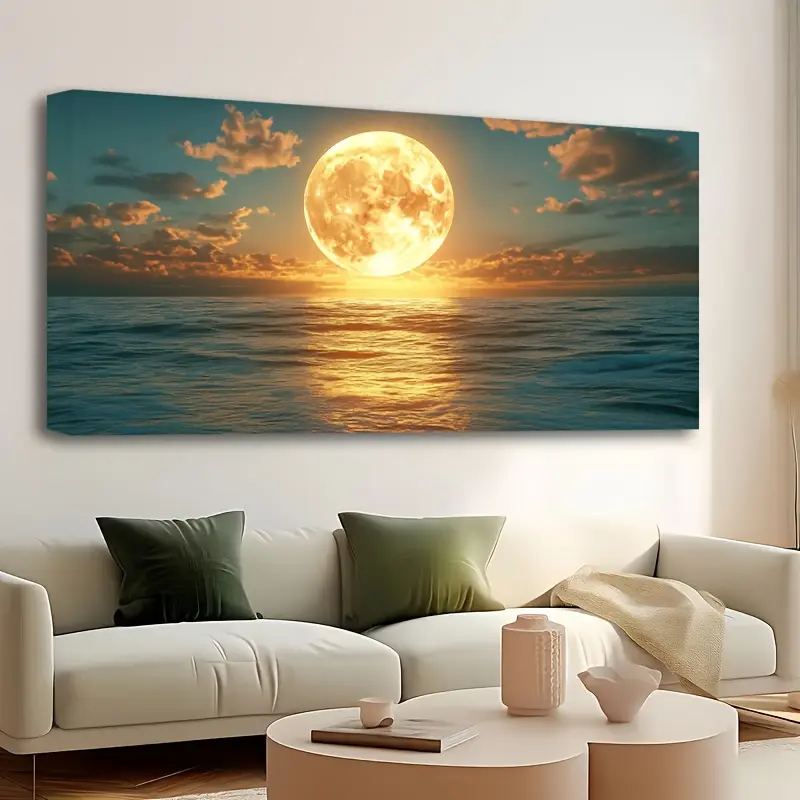Large Yellow Moonlight Ocean Sunset Canvas Wall Painting - Vibrant Celestial Nature Art, Ready-to-Hang Colorful Style Home Decor for Accent Wall, Living Room, Decoration & Home Inspo Posters Prints, Wall Decor