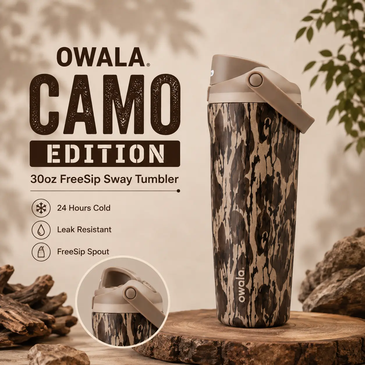 Owala Camo Edition 30oz FreeSip Sway Tumbler - 24 Hours Cold, Leak Resistant, FreeSip Spout, Camouflage Design