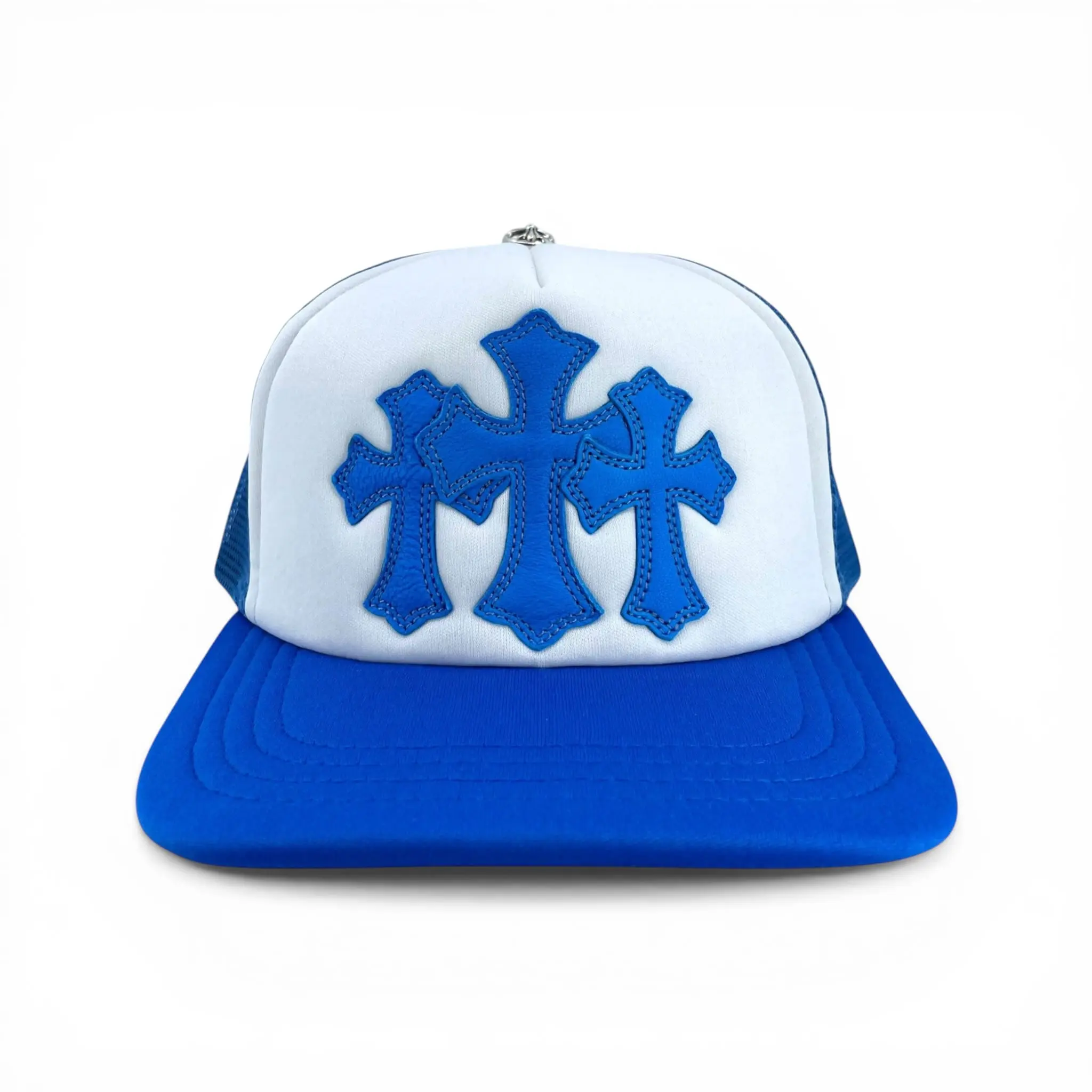 Chrome Hearts White-Blue Trucker Hat with Cemetery Theme Leather