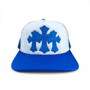 Chrome Hearts Cemetery Leather Cross Patch Trucker Hat White Blue
