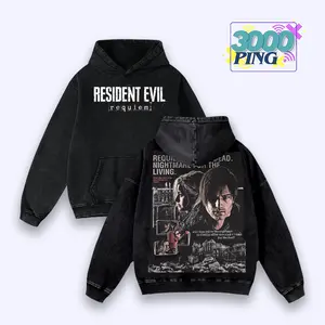 Resident Evil Requiem Inspired Vintage Washed Graphic Hoodie - Leon S. Kennedy & Claire Redfield Retro Y2K Style Sweatshirt - Horror Game Merch for Fans - Men's & Women's Long Sleeve Pull-over Jacket with Kangaroo Pocket
