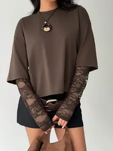 Women's Two-Layer Long Sleeve Top Shirts, Crew Neck, Drop Shoulder Half Sleeve Outer Layer, Sheer Floral Lace Inner Sleeve, Cropped Length, Soft Stretchy Knit Fabric, Casual Daily & Street Style Wear, Minimalist Edgy Feminine Style, Womenswear