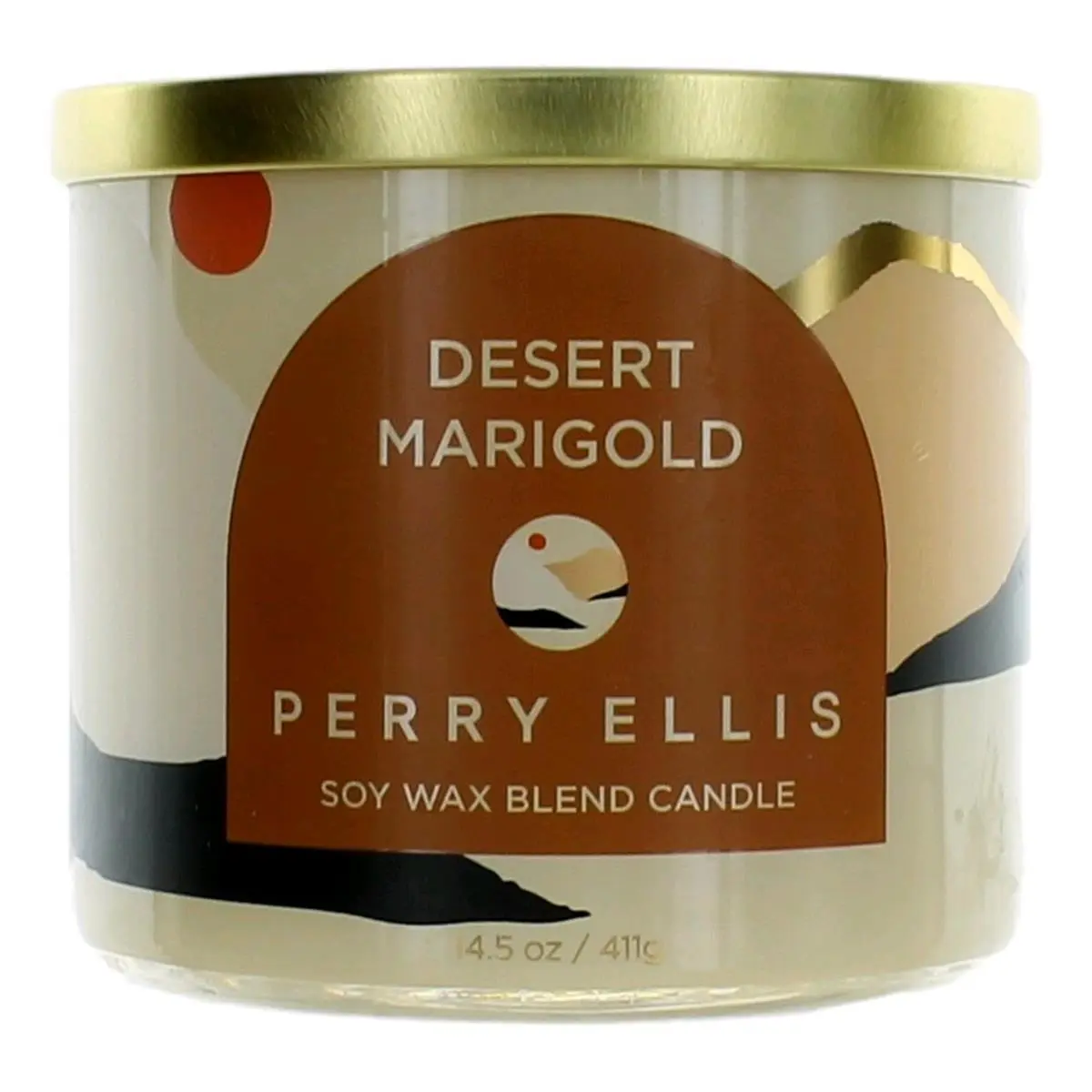 Perry Ellis 14.5 oz Desert Marigold Scented Soy Wax Blend 3-Wick Candle - Home Supplies, Nature-Inspired Colors, Unique Notes, 3-Wick Burn, Room Scenting, Light Up Your Space