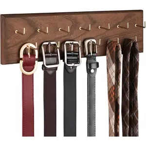 Belt Organizer - Wall Mounted Hanger for Closet, Holds Over 28 Belts - Wooden Rack with Tie and Scarf Storage (Brown)