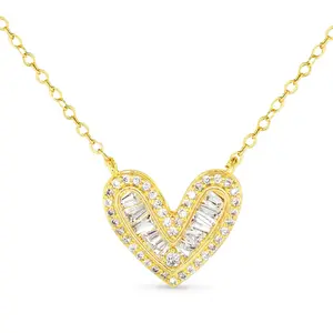 Women's Gold Heart Baguette Accent Necklace - Gold Embellished, Heart Accents Costume Jewelry, Gold Embellished Necklaces, Heart Accents Necklaces