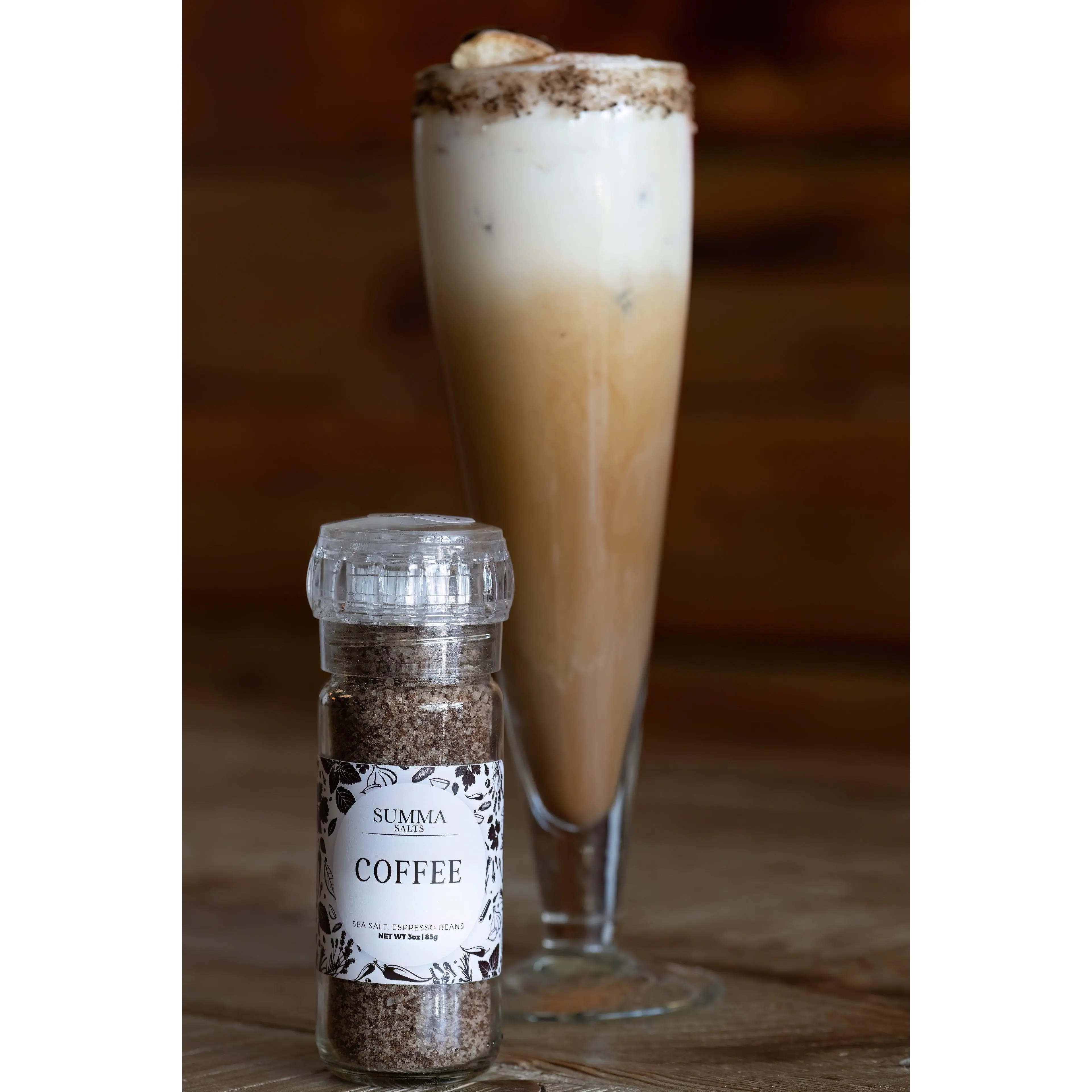 Summa Salts Coffee Salt - Kosher Sea Salt & Real Espresso Beans refillable grinder 3 oz