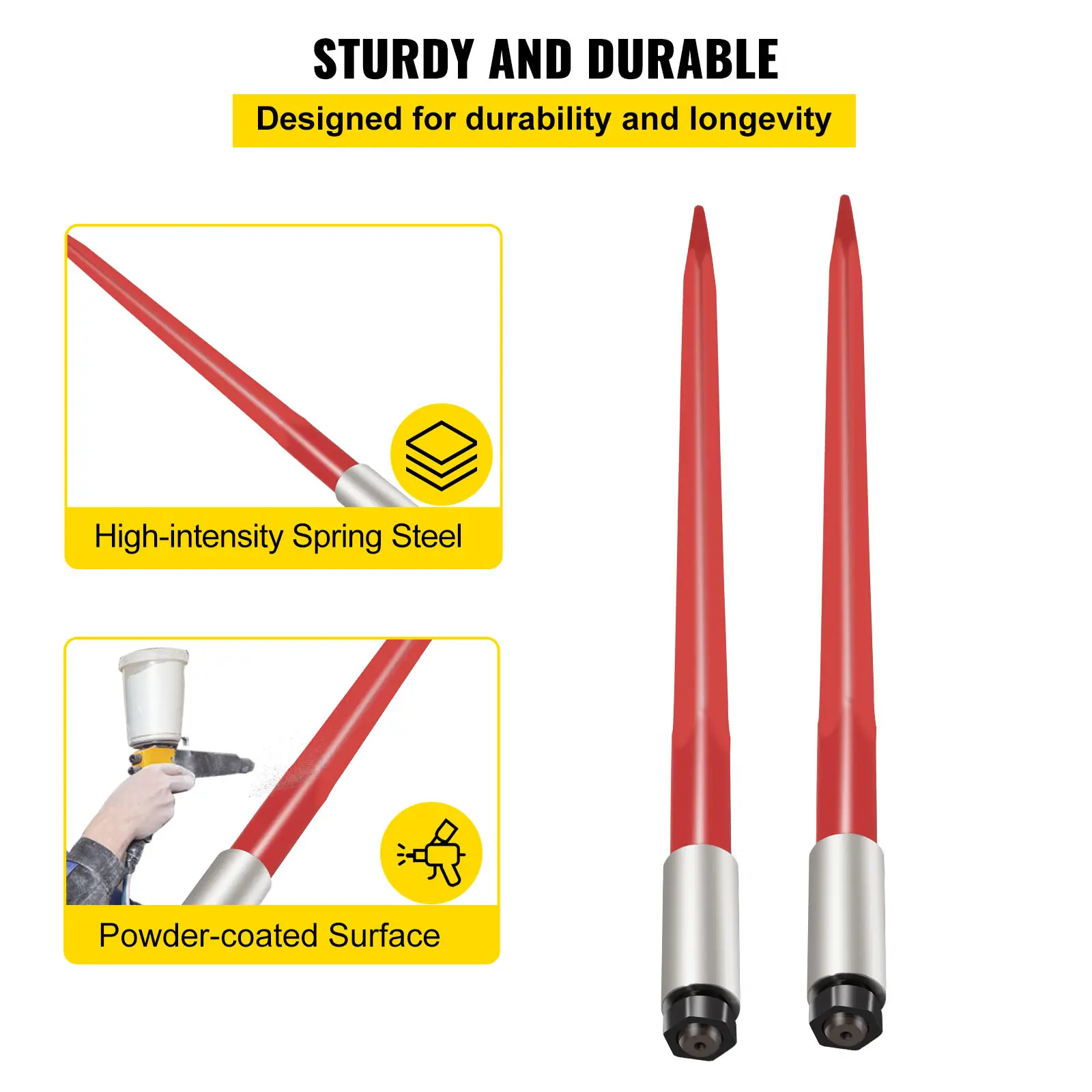 VEVOR Pair Hay Spears Garden Tools, 39in 3000 lbs Capacity 1-3/4in Quick-Attach Square Bale Spike, Spring Steel with Special Heat Treatment, Powder-Coated Corrosion-Resistant Red Forks, Hex Nut & Sleeve for Tractors, Loaders, Telehandlers