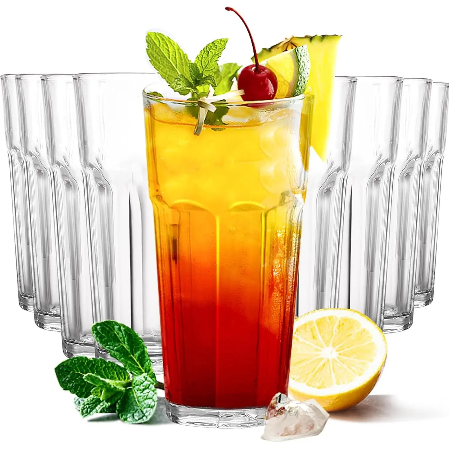 Highball Drinking Glasses Set of 9, Water Glasses 16 oz,Iced  Glasses for Water, Juice, ,Milkshake,Coke,Soda,Beverages. Heavy Base Tumbler,Kitchen and Bar Glassware,Gifts for Dad