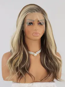 MACA BAKA Mabel Warm Chestnut Blonde Highlight Lace Front Wig with Scandinavian Hairline Low Density 16 Inches Short Wavy Brown Blonde HD Synthetic Lace Front Wigs for Women Pre Plucked