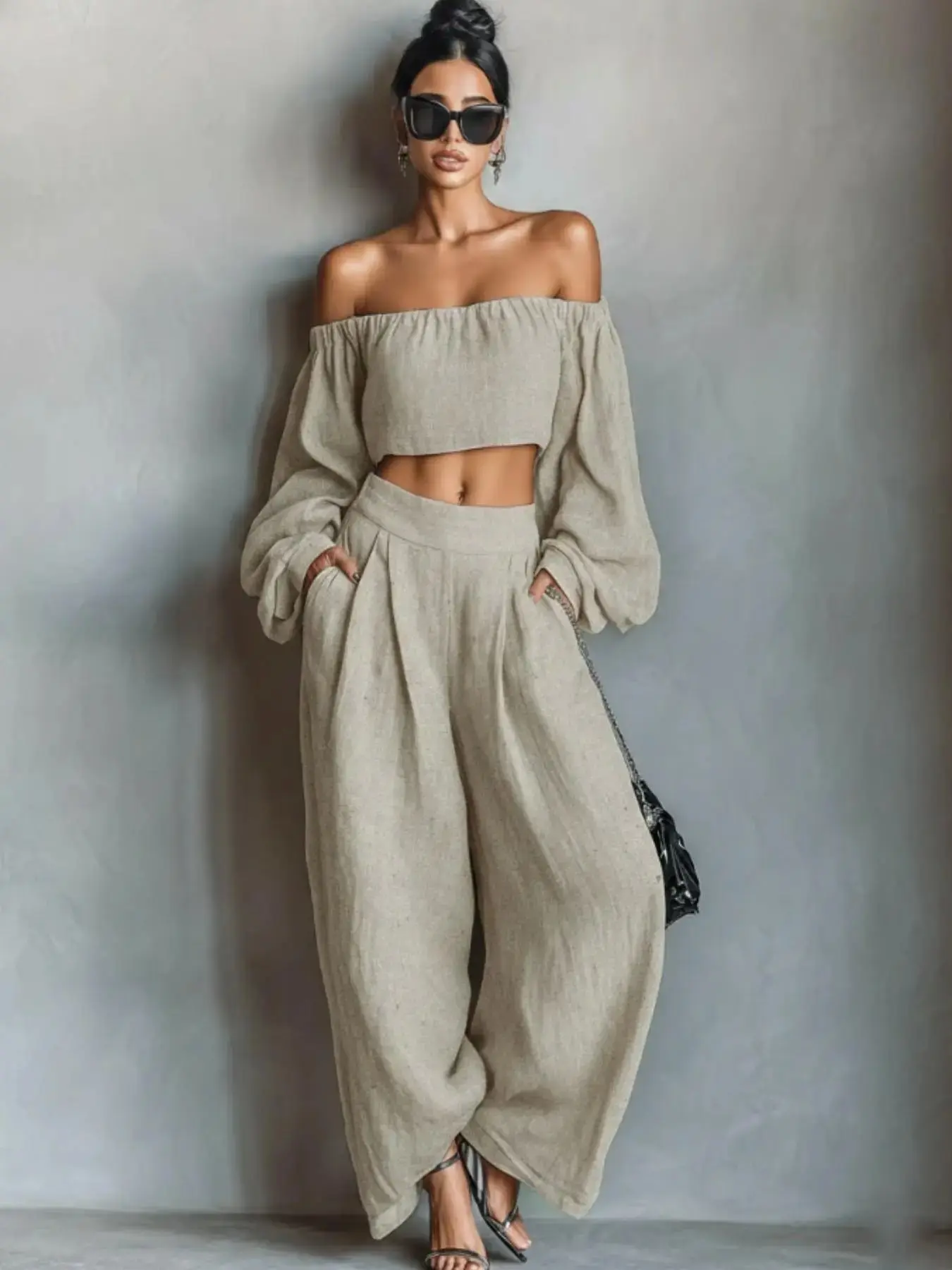 Women's Bubble Sleeve Short Top and Wide Leg Pants Two-Piece Set for Vacation, Comfortable Outfit