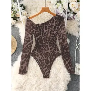 Women’s elegant and chic leopard-print mesh one-shoulder jumpsuit, comfortable and casual beach party wear, slim fit for all seasons — FashionGARMNETRY